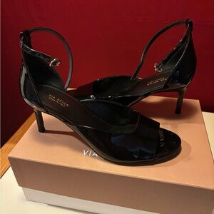 Via Spiga Black Patent Leather Jennie Ankle Strap Open Toe Sandal Formal Heels